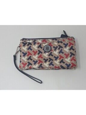 Tommy Hilfiger Wristlet Wallet Beige Logo Print Zip Pouch Strap